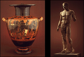 Attic Black Figure Hydria on left; Doryphoros on right