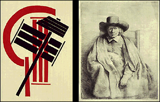 Left-Illustration from For the Voice by El Lissitsky, Right-Clement de Jonghe, Printseller and Artist by Rembrandt van Rijn