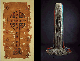 Left-Hanging with a Latic Cross, Right-Clove Lace by Claire Zeisler