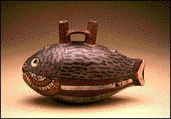 Bridge-spout vessel in the form of a fish